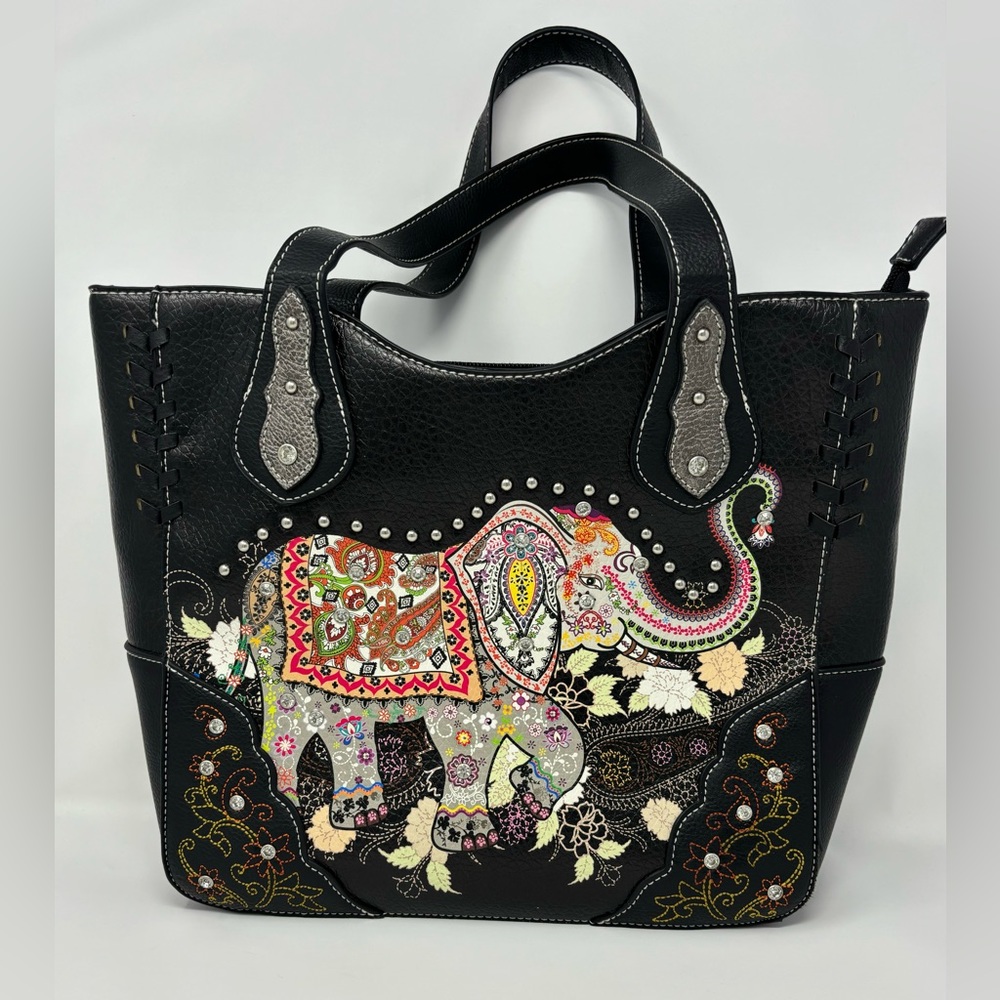 Cowgirl Trendy Indian Elephant Purse Concealed Carry Handbag Rhinestones Black